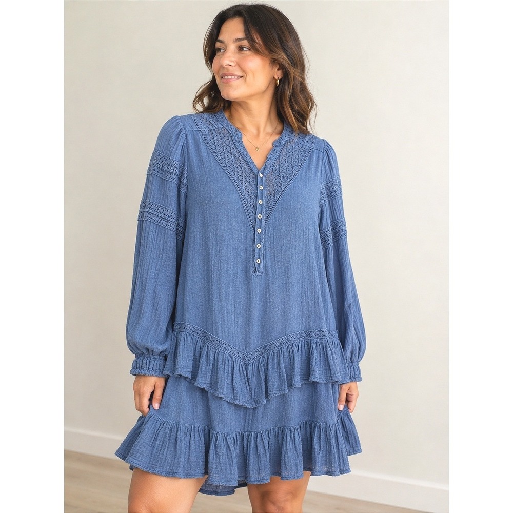 Free People NWT Big Dipper Mini Dress Women S Denim Blue Crochet Tiered Boho